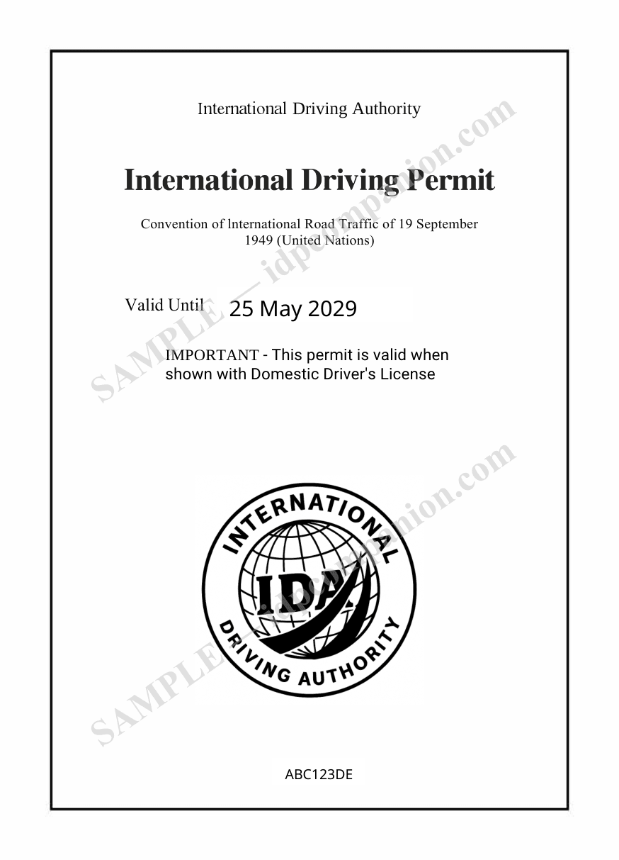IDP Companion cover page showing International Driving Permit title, validity date, Geneva Convention reference, and official seal