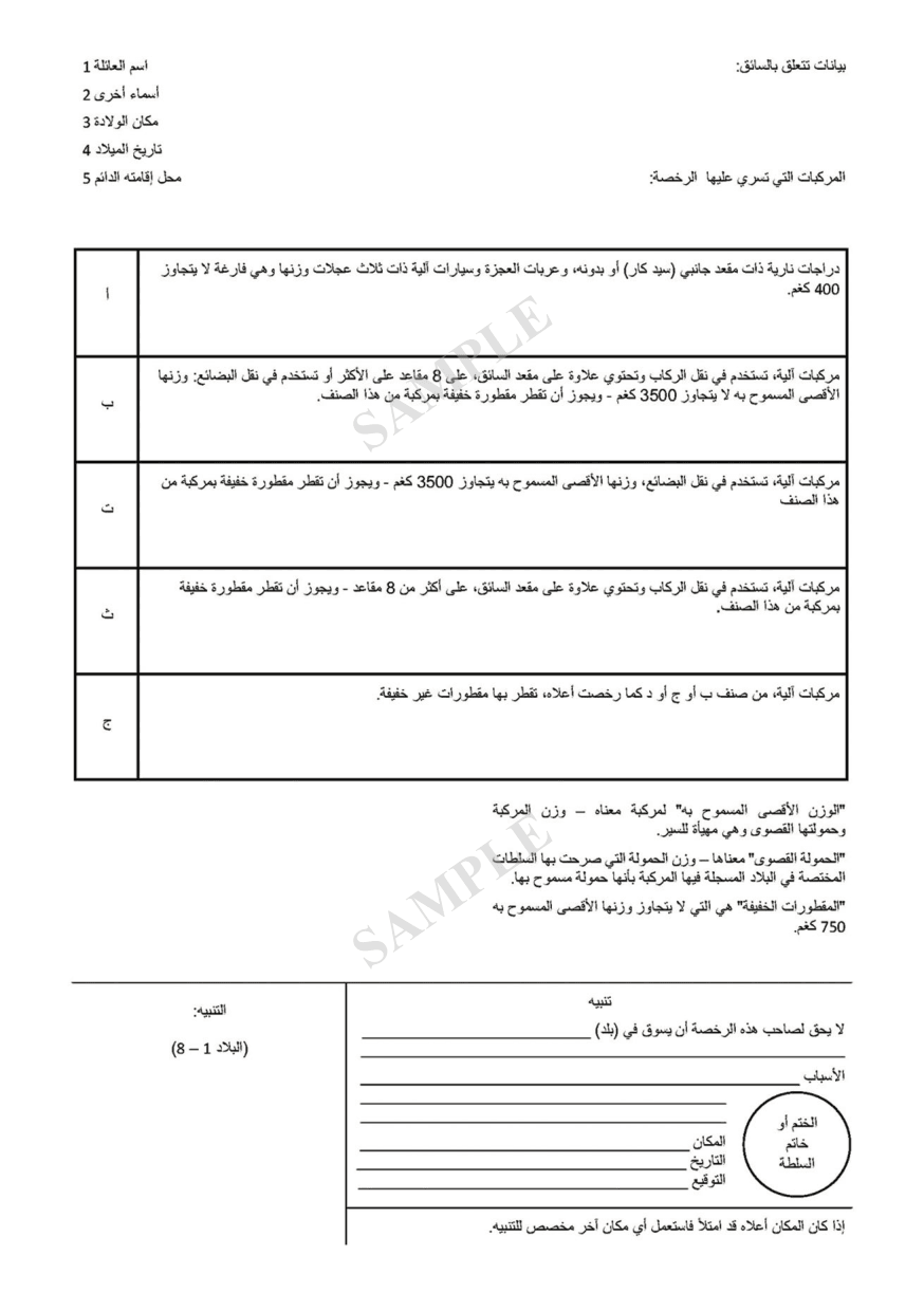 IDP Companion Arabic translation page showing right-to-left vehicle category descriptions and driver details fields